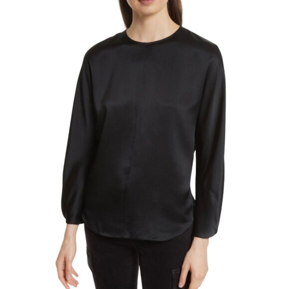 Vince Split Back Silk Blouse Top Shirt Womens XS Black Crew Neck Long Sleeve - Picture 1 of 13